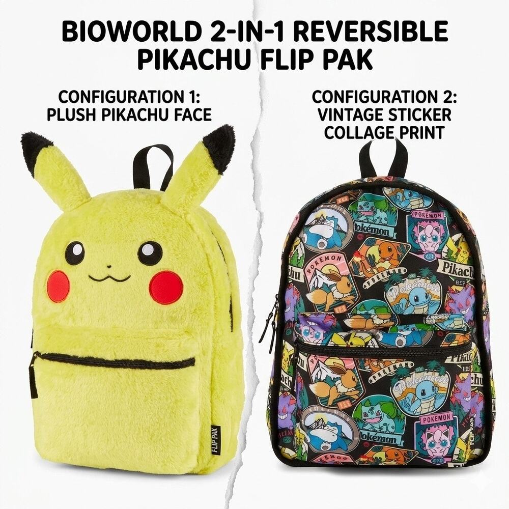 RARE SPENCER’S BIOWORLD Flip Pak Pokémon Pikachu Postcard Reversible Backpack